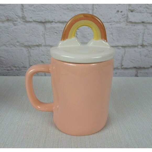 New RAE DUNN Rainbow 🌈 Figural Coffee Mug Human Kind Blush Pink With Lid Decor - Picture 3 of 12
